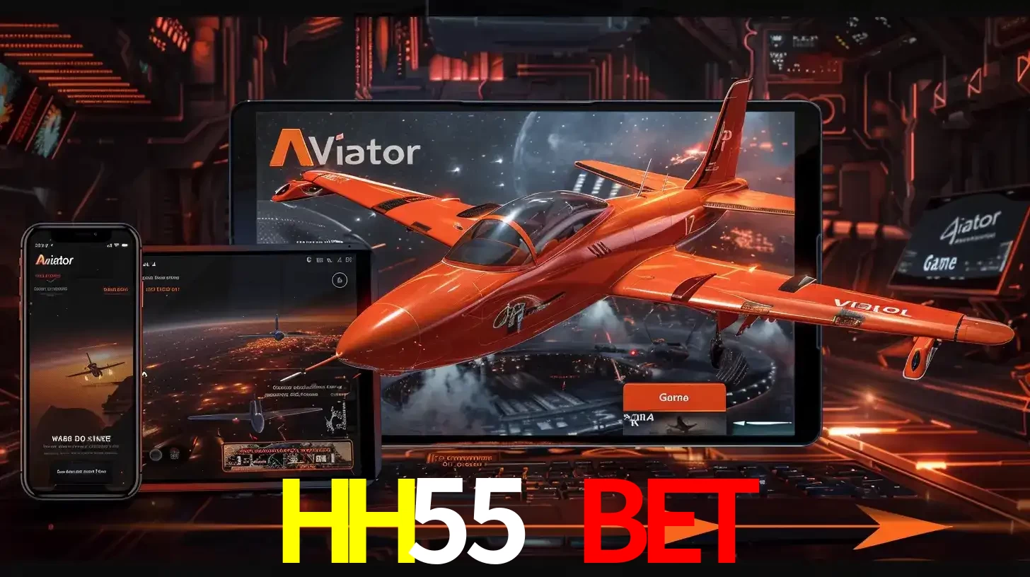 Apresentação tecnológica do jogo Aviator com um avião saindo da tela de um tablet, demonstrando a experiência imersiva em múltiplos dispositivos no HH55 BET.