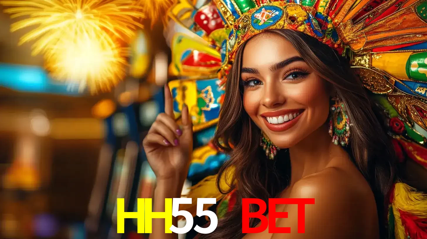 Mulher sorridente com um cocar de carnaval vibrante e colorido, celebrando uma grande vitória nos jogos do cassino HH55 BET com fogos de artifício ao fundo.