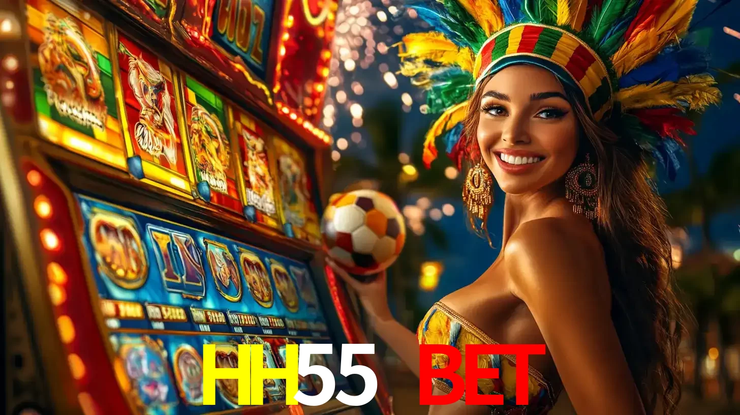 Mulher com um cocar de carnaval ao lado de uma máquina de caça-níqueis enquanto segura uma bola de futebol, mostrando a união da diversão de cassino e esportes no HH55 BET.