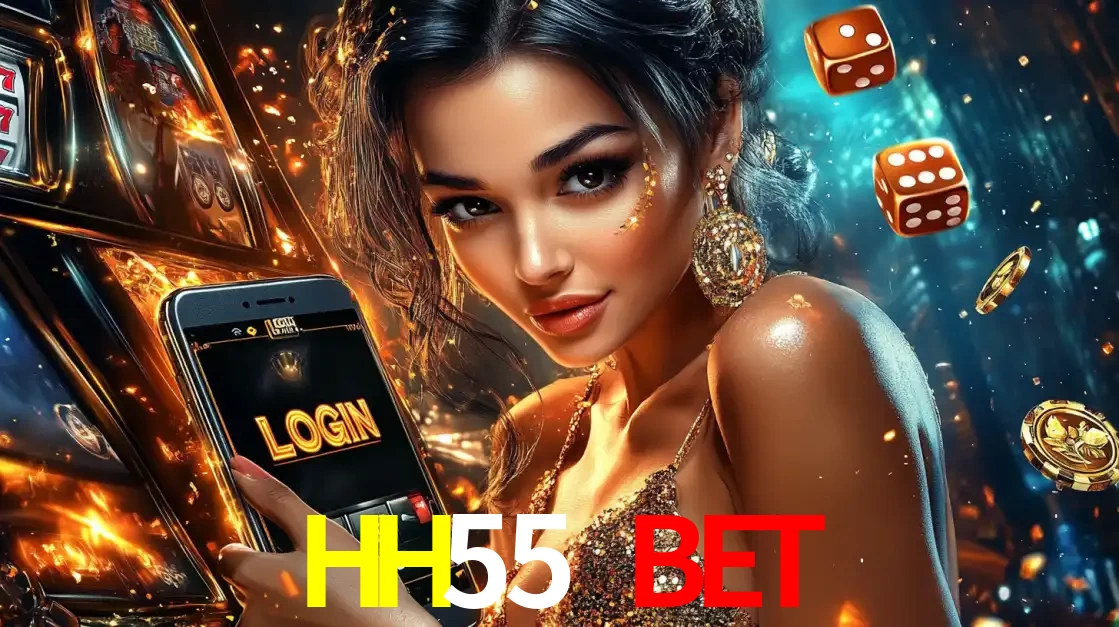 Mulher glamourosa segurando um celular com a tela de login do cassino HH55 BET, rodeada por dados e moedas douradas, pronta para começar a diversão.