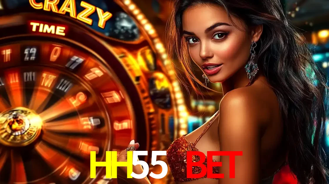 Mulher ao lado da roda de prêmios do jogo de cassino ao vivo Crazy Time, um dos shows de jogos mais emocionantes oferecidos pela plataforma de apostas HH55 BET.