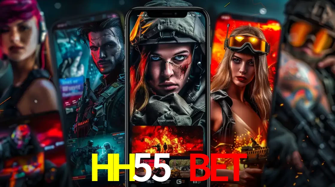 Montagem de telas de celular mostrando diversos personagens, masculinos e femininos, de um jogo de tiro, ilustrando a diversidade de equipes de e-sports para apostar no HH55 BET.