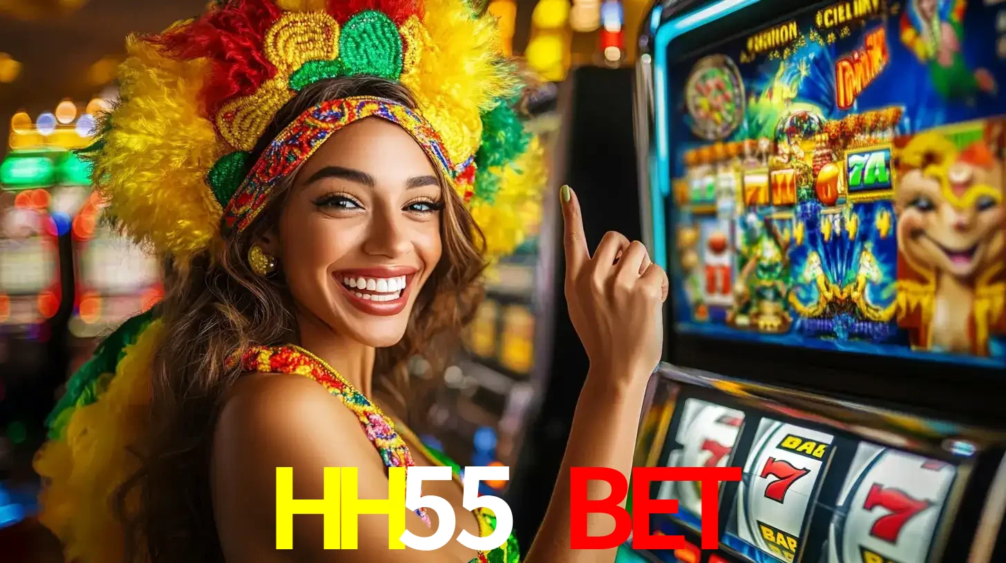 Mulher animada com um cocar de carnaval apontando para uma máquina de caça-níqueis, mostrando a emoção de ganhar um grande prêmio nos jogos do HH55 BET.