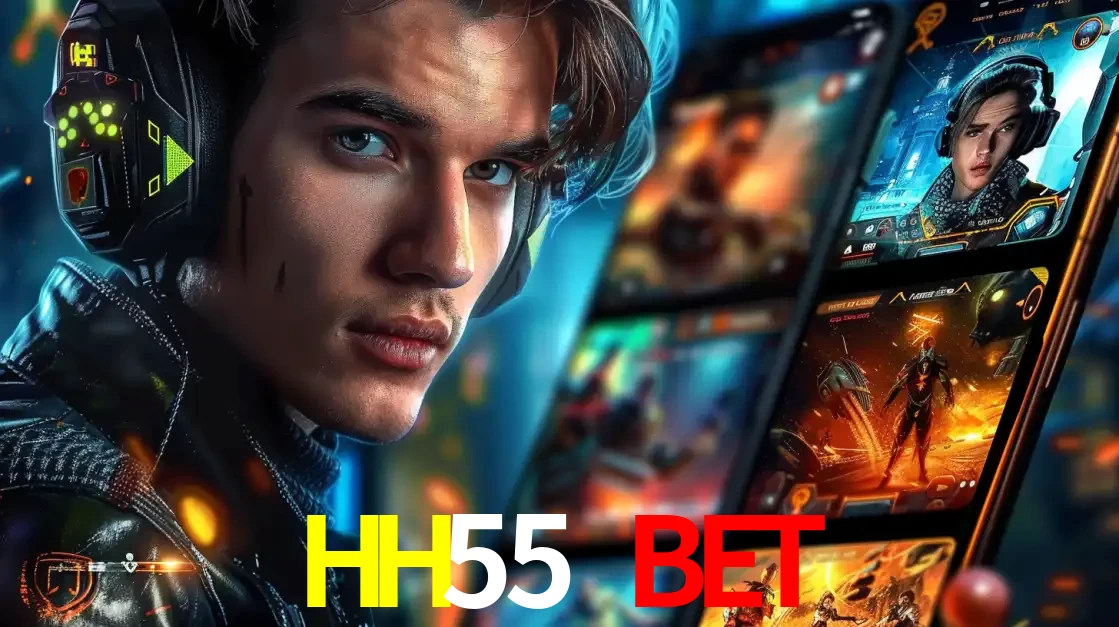 Jovem jogador com fones de ouvido olhando para a câmera, com um aplicativo de jogos e e-sports para celular ao fundo, pronto para a competição e apostas no HH55 BET.