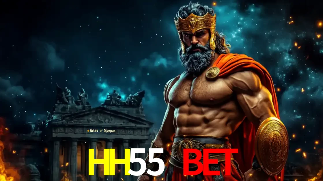 O poderoso Zeus do jogo de slot Gates of Olympus em frente ao seu templo, pronto para lançar multiplicadores divinos e prêmios épicos no cassino online HH55 BET.