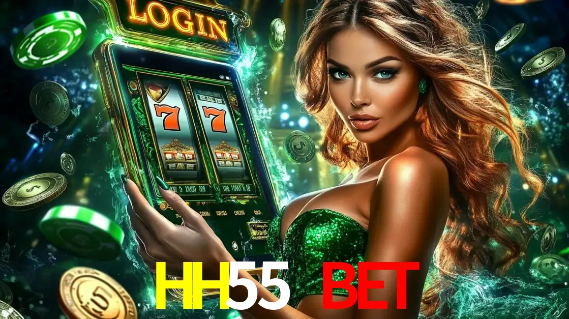 Mulher com tema verde apresentando o aplicativo do cassino HH55 BET com um jogo de slot de 777, cercada por fichas de cassino e uma aura de sorte.