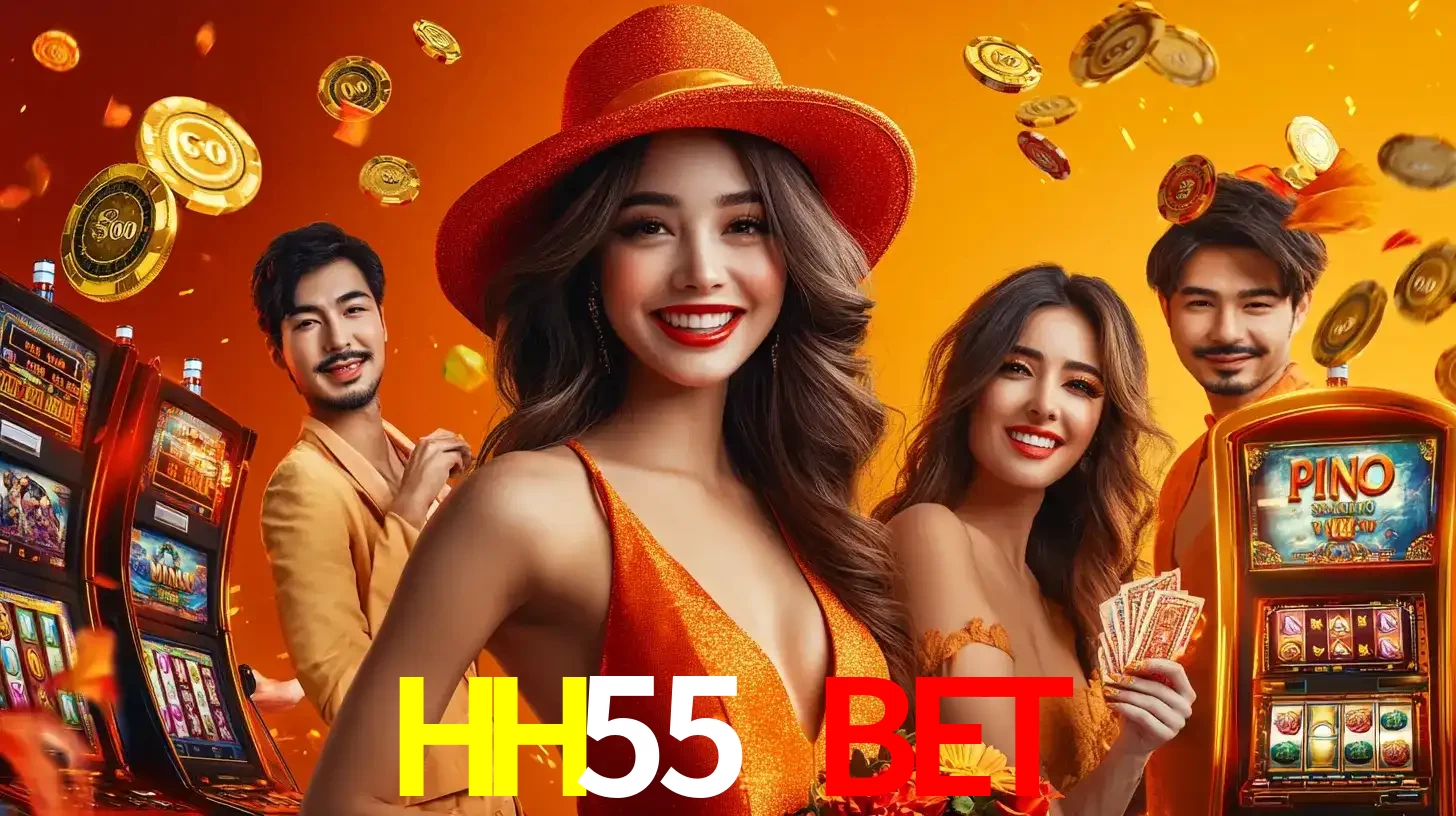 Grupo de amigos asiáticos sorrindo e se divertindo com máquinas de caça-níqueis em um ambiente festivo, celebrando suas vitórias nos jogos de cassino do HH55 BET.