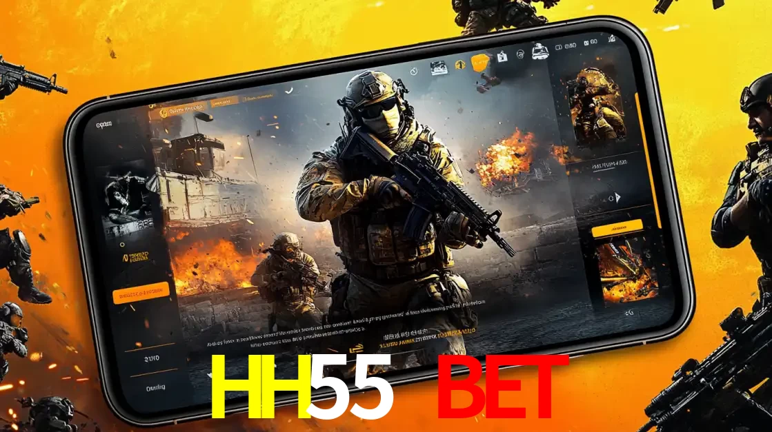 Um smartphone exibindo a interface de um jogo de tiro em primeira pessoa, com um soldado em um cenário de batalha, representando a ação dos e-sports para apostar no HH55 BET.