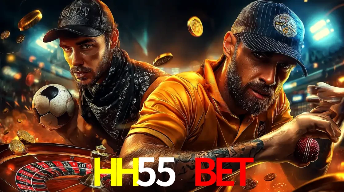 Montagem de apostas esportivas e cassino no HH55 BET, com um homem segurando uma bola de futebol e outro uma de beisebol sobre uma roleta e moedas voadoras.