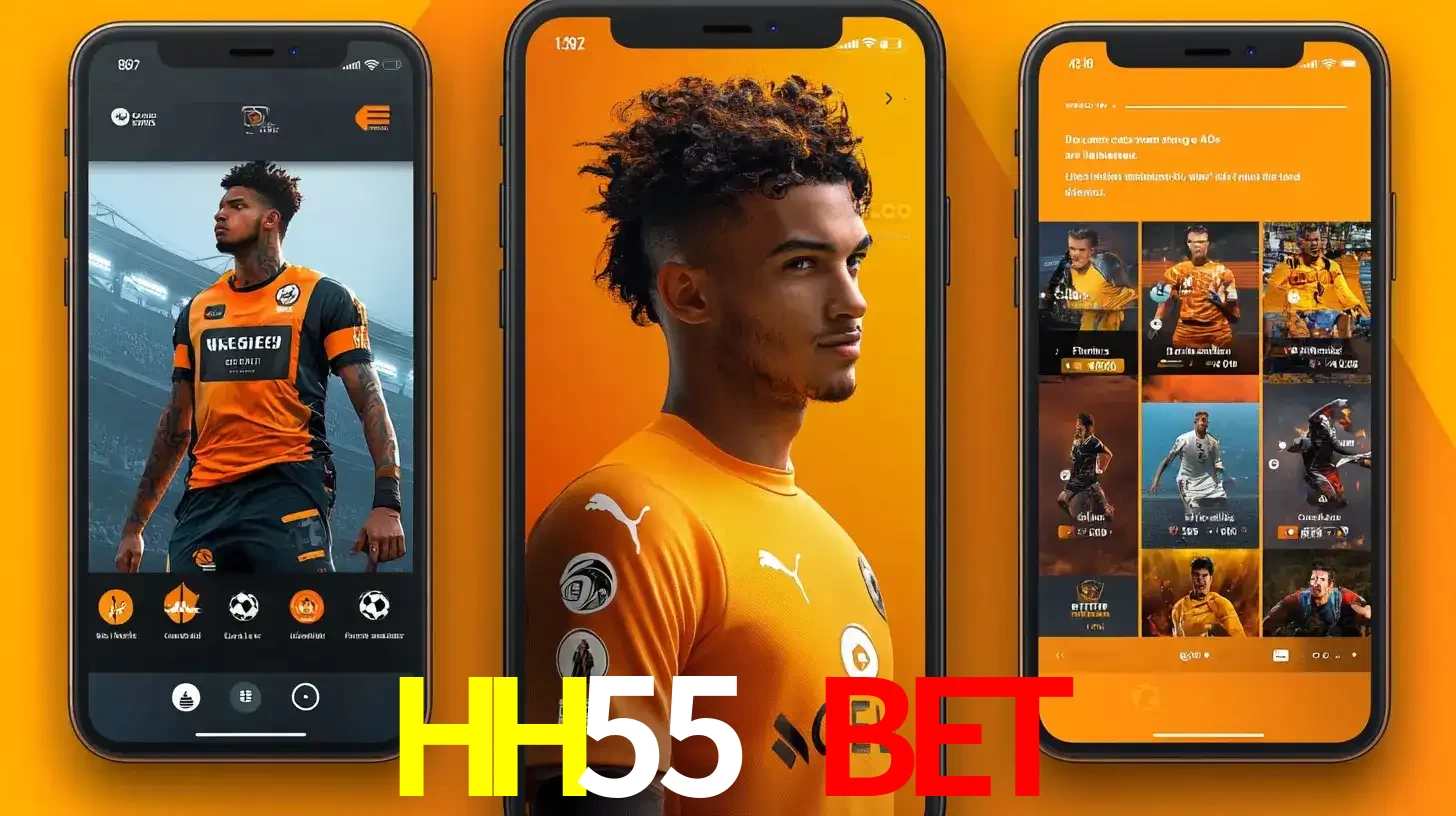 Interface do aplicativo de apostas esportivas HH55 BET em três telas de celular, mostrando o perfil de um jogador de futebol e a lista de jogos disponíveis para apostar.