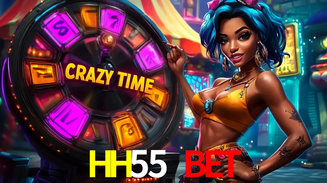 Mulher estilizada com cabelo azul e visual vibrante posando ao lado da roda de prêmios do game show Crazy Time, convidando para a diversão e os bônus do cassino HH55 BET.