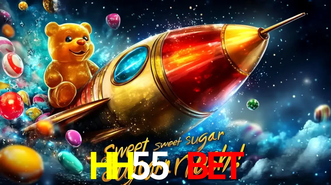 Arte promocional do jogo de slot Sugar Rush, com um urso de pelúcia em um foguete viajando pelo espaço de doces, um dos jogos divertidos disponíveis no cassino HH55 BET.