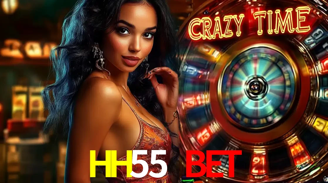 Mulher elegante ao lado da vibrante roda da fortuna do jogo de cassino ao vivo Crazy Time, um dos game shows mais populares e cheios de prêmios do HH55 BET.