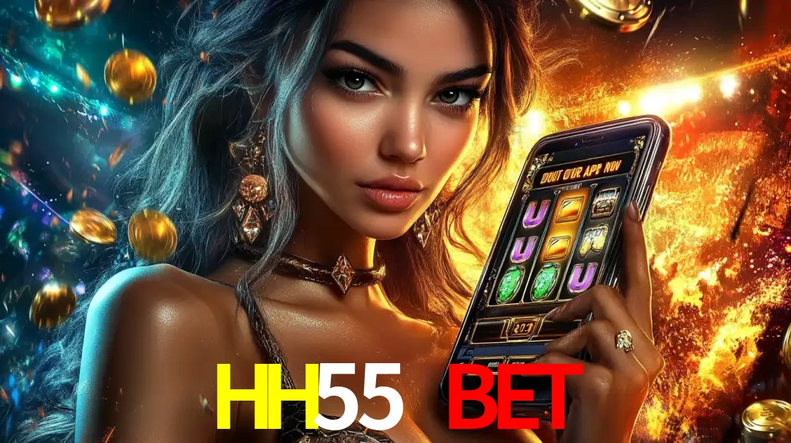 Mulher elegante mostrando um jogo de caça-níqueis em seu smartphone, destacando a experiência de cassino móvel oferecida pelo aplicativo HH55 BET.