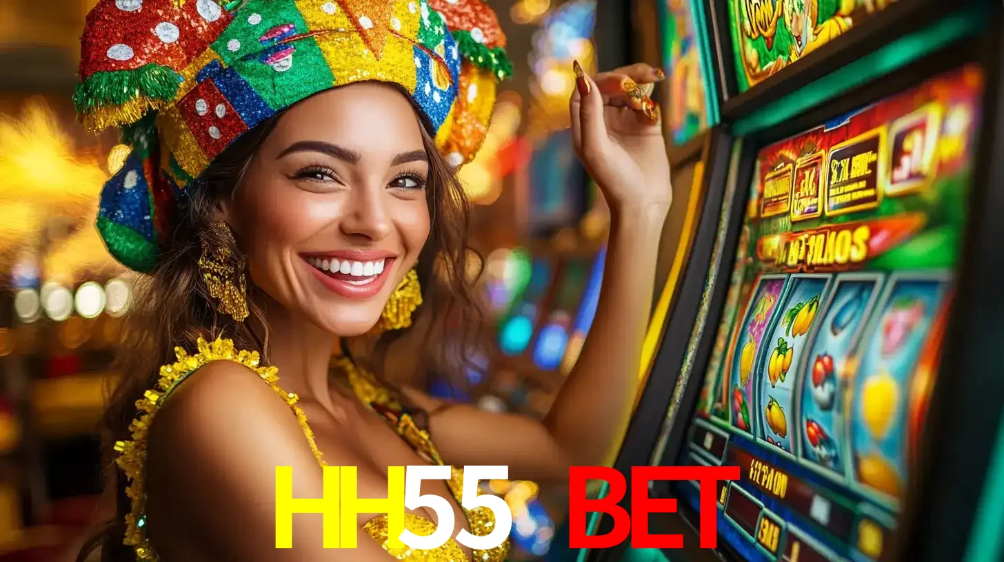 Mulher feliz com traje de carnaval amarelo e colorido ao lado de uma máquina de caça-níqueis, aproveitando a diversão e os jogos temáticos do cassino HH55 BET.