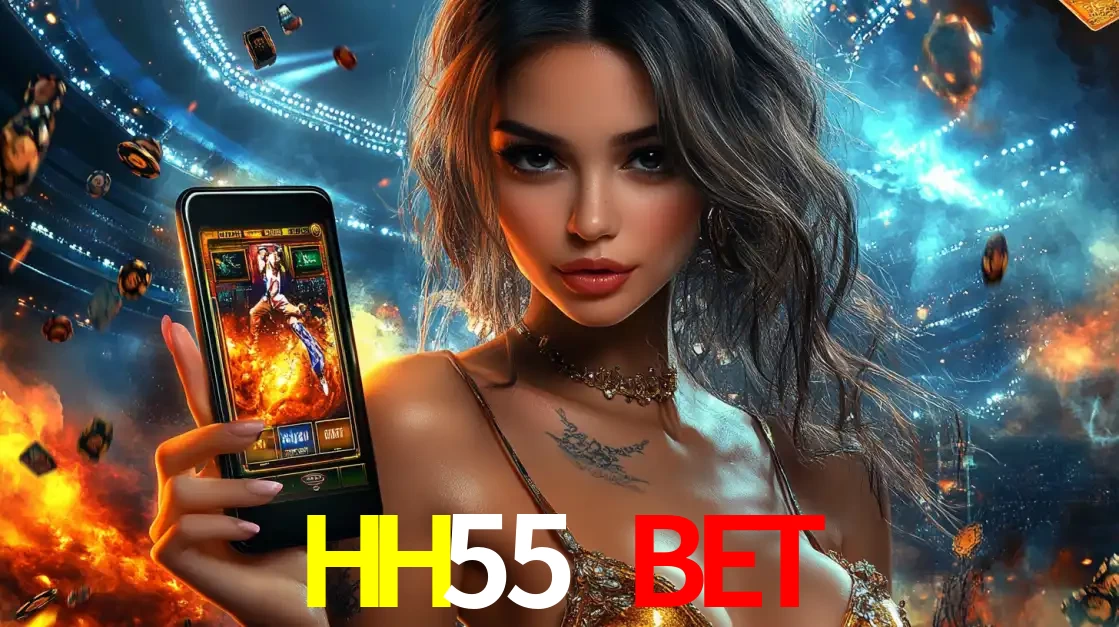 Mulher segurando um celular com um jogo de slot em destaque, tendo como fundo um estádio vibrante, simbolizando a emoção de jogar no cassino móvel HH55 BET.